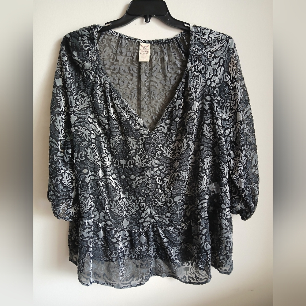 Y2K Velvet Cutout Vintage Sheer  Peplum Blue Shirt Faded Glory Size XL Boho
